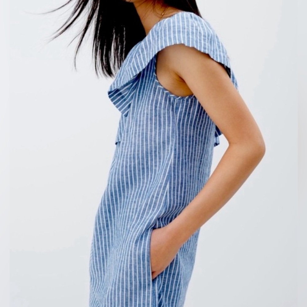 MADEWELL Striped One Shoulder Ruffle Denim Chambray Dress Size XS.
